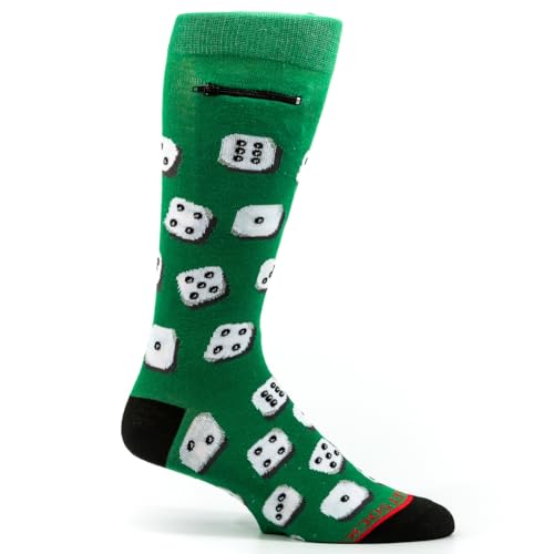Fashion Print Crew Socks for Men - Anti Theft Novelty Dress Socks w/Hidden Zipper Stash Spot Pocket for Travel ID, Keys, Cash - Dice on Green3