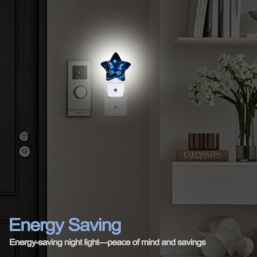 Image of Blue Butterfly Moon Dusk to Dawn Star Night Light,Starry Sky Smart Sensor Nightlight for Bedroom Kitchen Hallway Stairs,Plug-in Energy Efficient Decor Desk Lamp Women Men Gifts