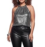 XiaoMaAnJi Women’s Sequin Tops Halter Sparkly Shirts for Women Lined Tank Top Cocktail Girls Night & Vegas Concert Outfits, Black Silver, 3X