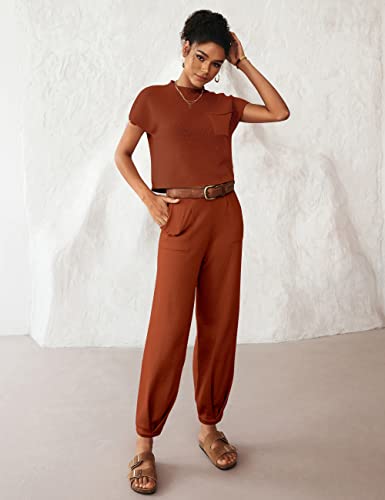 Merokeety Women Two Piece Outfits Sweater Sets Knit Pullover Tops High Waist Pants Lounge Set Tracksuit, Caramel, M #TOP1