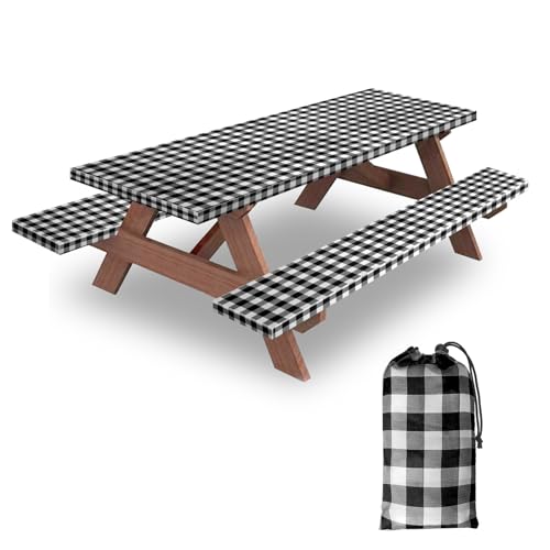 KENOBEE 6ft Picnic Table and Bench Cover, Camping Essentials RV Gear, 72in Waterproof Windproof Outdoor Elastic All Around Tablecloth, Fitted Rectangle Tables and Seats, Black-White Checkered