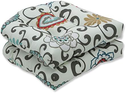 Pillow Perfect Floral Outdoor Wicker Patio Seat Cushion, Reversible, Weather, and Fade Resistant, Round Corner - 19" x 19", Blue/Brown Pom Pom Play, 2 Count