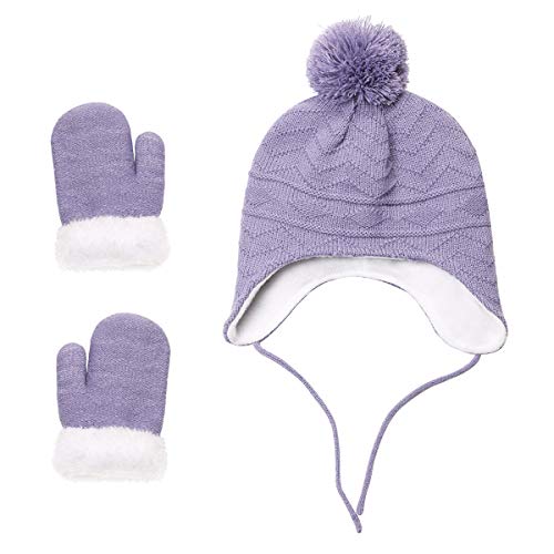 Hats and Glove Set Kids Girls Toddler Baby Winter Hat Mitten Knit Earflap Beanie Warm Fleece Cap Violet Blue