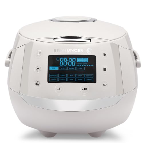 REISHUNGER Olla Arrocera Eléctrica y Vaporera Gris hasta 8 Personas (1.5 l) – Hervidor de Arroz con 12 Programas - Con Pantalla LED y Función Automática de Mantenimiento del Calor