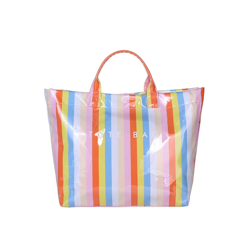 Image of Lushandy Striped PVC Tote Bag for Women, Checkered Plastic Tote Bag for Beach Pool Large Plaid Letters Print Hobo Handbag
