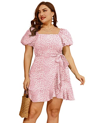 Image of Sampeel Womens Summer Dresses Square Neck Puff Sleeve Tie Waist Short Dress