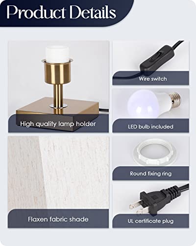 Bedside Table Lamp - Small Bedroom Lamps For Nightstand, 3-Color Options Brushed Brass Metal Lamps With Modern Fabric Shade Reading Nightstand Lamps For Living Room, Dorm, Office (Led Bulb Included) #TOP3