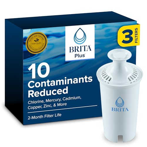 Brita Plus Water Filter, BPA-Free, High-Density Replacement Filter for Pitchers and Dispensers, Reduces 2x Contaminants*, Lasts Two Months or 40 Gallons, Includes 3 Filters