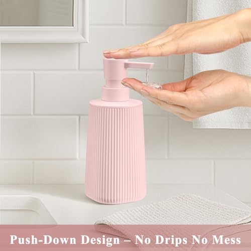 Image of Pink 2 Pack Hand Soap Dispensers Set with No Rust Pump for Bathroom Kitchen or Vanity Countertops Refillable Striped Matte Plastic 8.5 oz Cute Design for Girls Room Decor