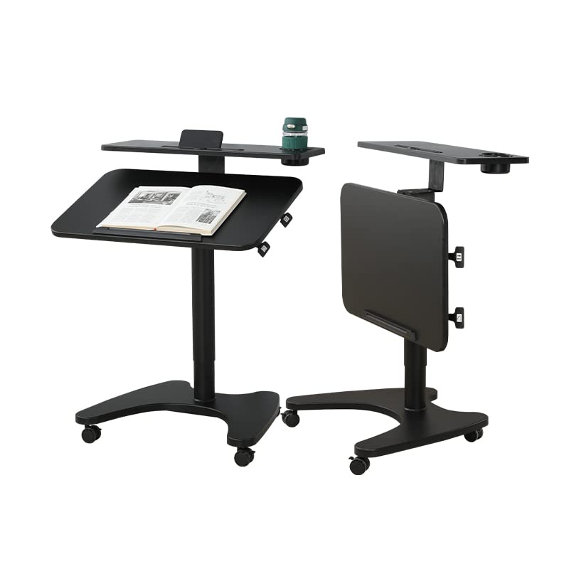 TORRAINAKE Dual Tier Mobile Standing Desk with Cup Holder - Multifunctional Tilting Podium, Portable Sit Stand Lectern with Height Adjustments - Rolling Small Space Workstation in Black.