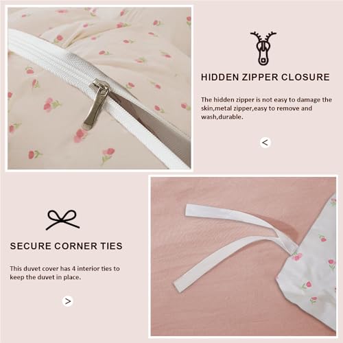 Image of Duvet Cover Set King Size,White Pink Floral Bedding Duvet Cover with Tulip Pattern,Soft Microfiber Comforter Cover with Zipper Closure and 2 Pillow Shams
