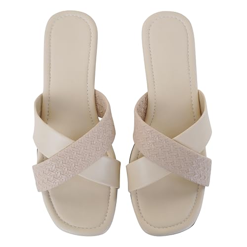 Image of Women's Cross Strap Textured Flat Sandals - Stylish and Comfortable Slip-On Flats