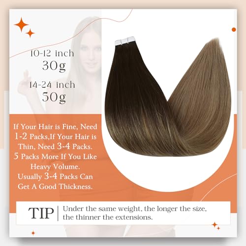 Image of Full Shine Ombre Hair Extensions Tape in Balayage Glue in Extensions Color 2 /6 /18 Brown And Blonde Tape ins Human Hair Extensions Straight Seamless Hair Extension Remy Human Hair 22Inch 50G 20pcs