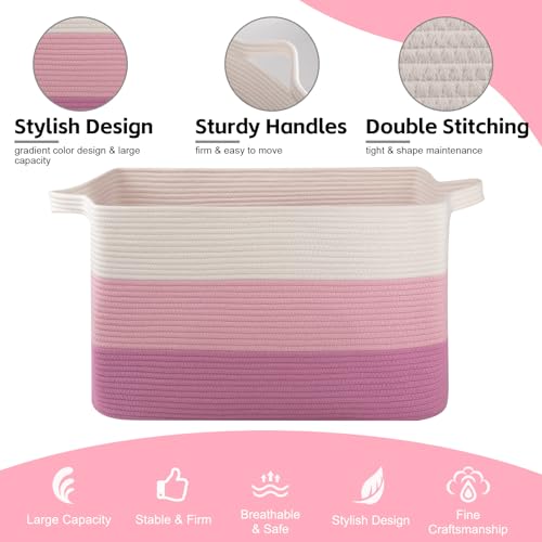 Image of OIAHOMY Extra Large Blanket Basket, 95L Cotton Rope Woven Laundry Basket, Toy Bin for Baby Room, Container for Blanket Storage in Living Room, 24''x17''x14'', Gradient Pink