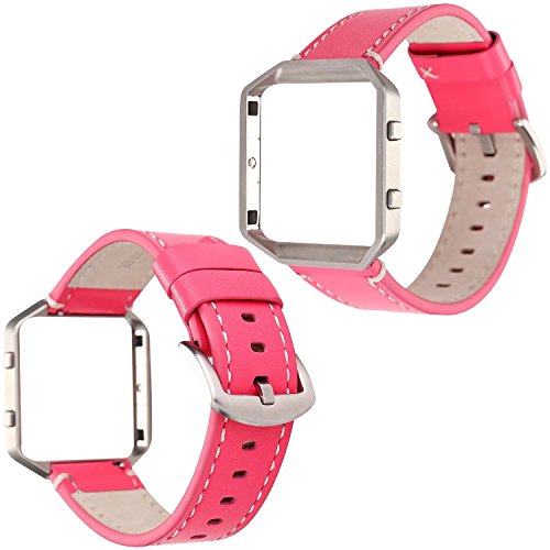 Preisvergleich Produktbild lala Pink Leder Band Kompatibel mit Fitbit Blaze mit Metallrahmen, Rindsleder Ersatzband Echtlederarmband f¨¹r Smart Watch mit Schutzh¨¹lle f¨¹r Fitbit Blaze Fitness Damen Herren(Rose)