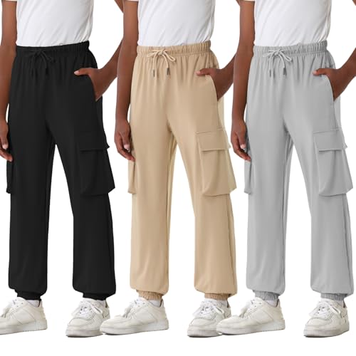 EXARUS 3 Pack Boys Cargo Joggers Lightweight Drawstring Quick Dry Athletic Hiking 6-14Y