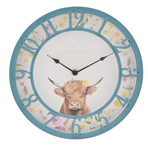 Country Living – Horloge bleue en forme de vache Highland – Décoration d'intérieur et de jardin – Thème printemps/campagne – Conçue pour une...