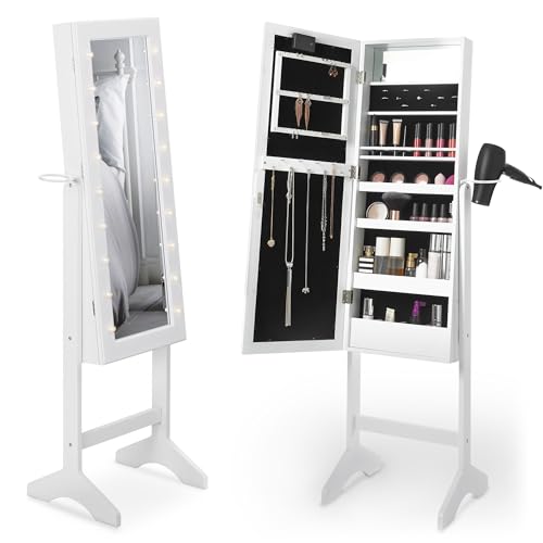 Beautify - Beautify Mirror Jewellery Cabinet - Free Standing Mirror with Storage - Full Length Tilting Armoire for Bedroom - Jewellery Storage for Earrings, Rings & Necklaces with LED Lights & Hair Dryer Ring - -6%