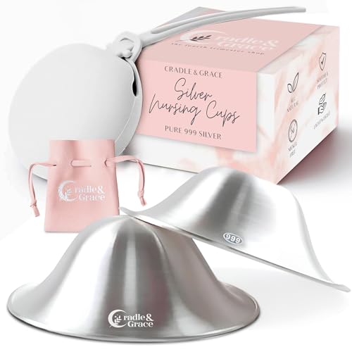 Image of Cradle & Grace® Pure 999 Silver Nursing Cups for Breastfeeding + Carry Case, Natural Sore Nipple Relief, Silver Nipple Shields for Nursing, Postpartum Essentials & New Mom Breastfeeding Must Haves