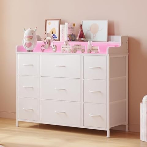 LUMTOK White Dresser with 9 Fabric Drawers, Dressers with LED Lights and Charging Station,Chests of Drawers for Bedroom,Living Room, Entryway, Hallway，Closet Cover