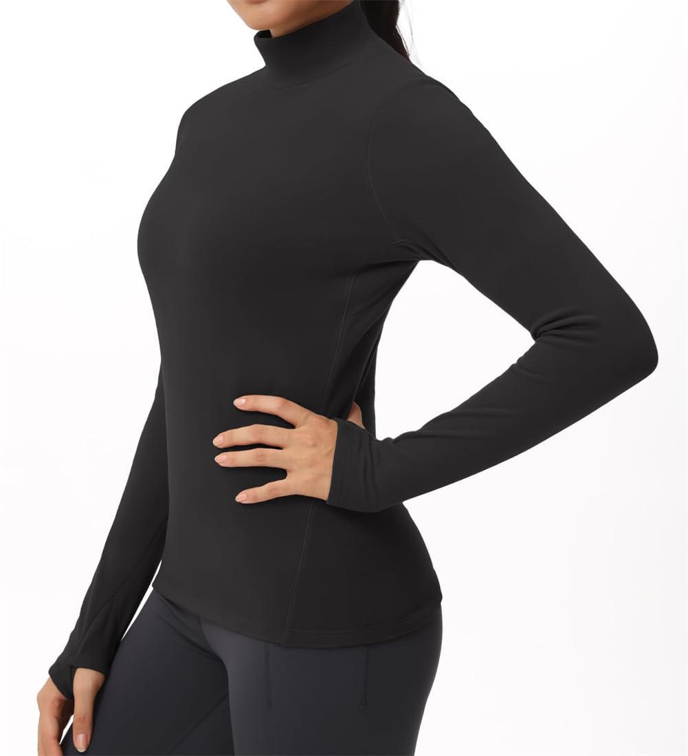 Camicie termiche da donna a maniche lunghe con collo alto, in pile, a maniche lunghe, girocollo