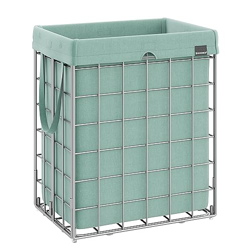 SONGMICS Laundry Hamper, 23.8 Gal. (90L) Laundry Basket, Collapsible Clothes Hamper, Removable and Washable Liner, Metal Wire Frame, for Bedroom Bathroom, Silver and Mint Green ULCB190C01 Si