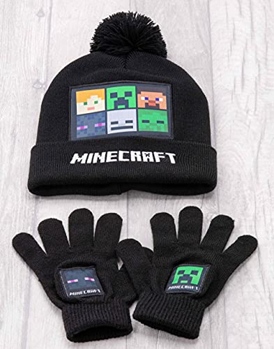 Minecraft Bobble Hat Gloves Scarf Set Kids | Boys Girls Black Knitted Beanie Hand Warmer One Size | Creeper Steve Skeleton Characters | Game Gift Merchandise3