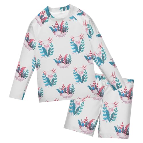 Aflyko Kids' Bathing Suit Set Floral Pinks Axolotl Long Sleeve Swim Tops with Shorts Summer Vacation Pool Party Rashguard Fun Cute Toddler Infant Beachwear, 4T