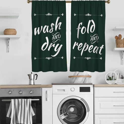 zokyer Laundry Kitchen Curtains Green and White Wash Dry Quotes Words Printed Simple Fun Small Short 27.5" W x 45" L Window Treatment Tiers for Bedroom Living Room Bathroom 2 Panels Rod Pocket Drapes