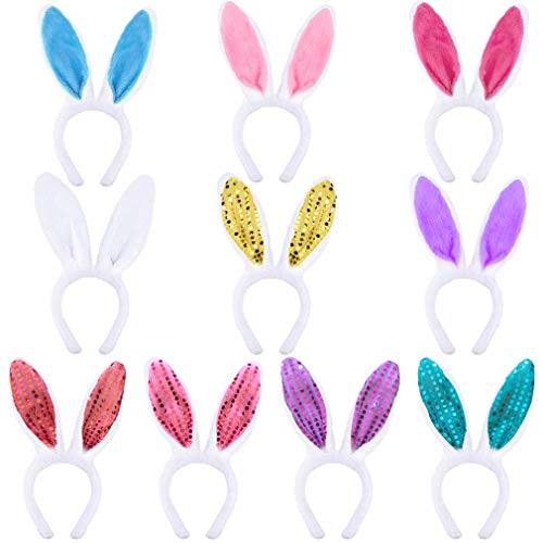 GAUSKY 10 Packs Bunny Ears Headbands 2 Styles Plush and Sequin Easter Cute Rabbit Ears Headbands for Party Favor and Costume Decoration (10 Colors)