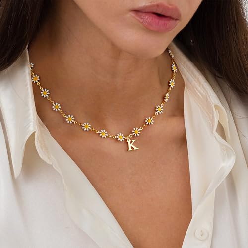 M MOOHAM Flower Initial Necklaces for Girls - Dainty Gold Letter Charm Necklace for Women Trendy, Gold Choker Necklace Daisy Flower Jewelry Personalized Gifts2