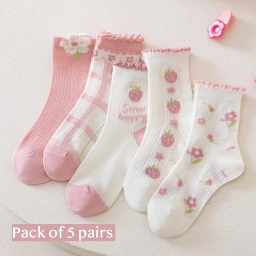 5 Pairs Girls Thin Spring Summer Cotton Mesh Ankle Socks, Breathable Cute Strawberry Trim Princess Mid-Calf Socks2