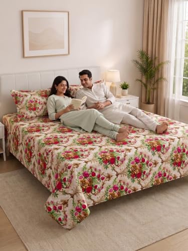 Image of Mafatlal 130 GSM Pearl Contemporary Double Bedsheet with 2 Pillow Covers | 90 x 100 Inches | Premium Printed Bedding | Smooth Hand Feel, Strong Stitching, Fade Guard, Easy Care Fabric | Beige-Pink