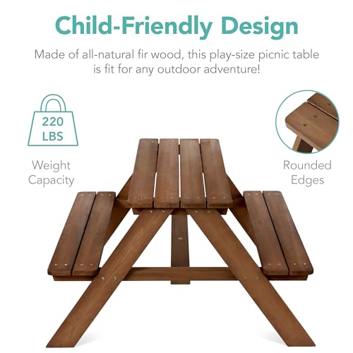 Best Choice Products Kids Wooden Picnic Table, Outdoor Activity & Dining Table w/Adjustable Collapsible Umbrella, Built-in Seats - Walnut/Red