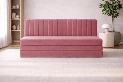 Image of Rosebell -Three Seater Armless Sofa Cum Bed with Backrest | Soft Velvet Fabric Finish | Modern Living Room & Bedroom -Rose Pink-Color