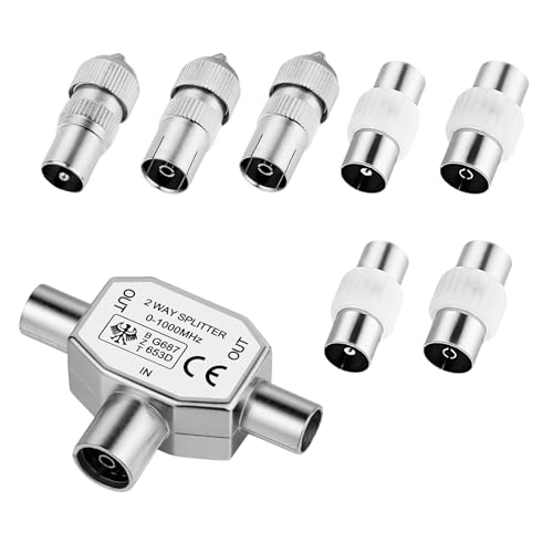 HEIZHU - TV Aerial Splitter 2 Way with Male and Female Connectors, TV Ariel Connections, Cable TV Coaxial Splitter, TV Signal Booster