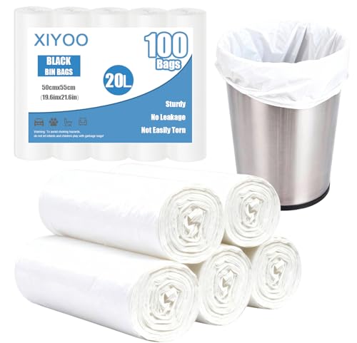 XIYOO White Bin Bags 20l Pedal Bin Liners Small Garbage Bags Strong Plastic Rubbish Bags for Bathroom,100 Counts,Fits 15-25L Trash Bins