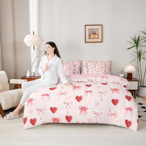 Image of Erosebridal Coquette Bow 7 Piece Comforter Set Twin Love Heart Bed in A Bag Ribbons Pink Valentine Bedding Sets for Kids Girls Bowknot Bow Tie Princess Sheet Set with Comforter