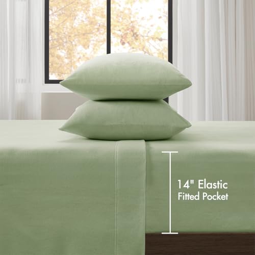 Image of True North by Sleep Philosophy Micro Fleece Bed Sheet Set, Warm, Sheets with 14 inch Deep Pocket, for Cold Season Cozy Sheet-Set, Matching Pillow Case, Twin XL, Green, 3 Piece