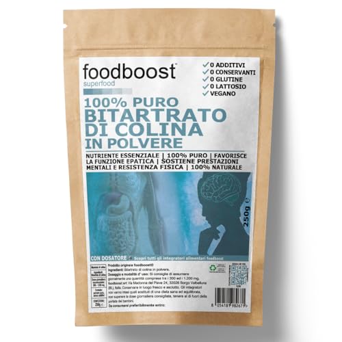foodboost - Bitartrato di Colina 250g polvere - Favorisce Mantenimento della Normale Funzione Epatica, focus, resistenza fisica