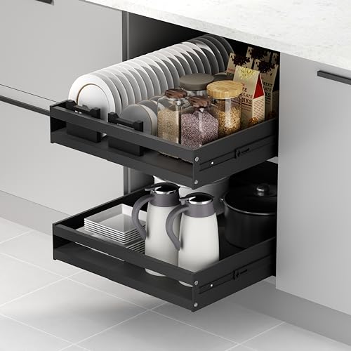 KMQRDZi Cassetto telescopico, organizer estraibile per armadi, armadietto da cucina per pentole, per armadio da 45 cm, cassetto da cucina (nero, piccolo 2 pezzi)