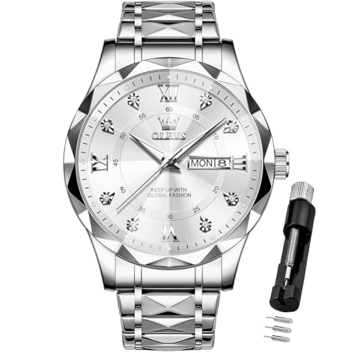 Image of OLEVS Watches for Men Luxury Diamond Casual Large Dial Watches Stainless Steel Waterproof Business Dress Analog Luminous Date Mens Watches