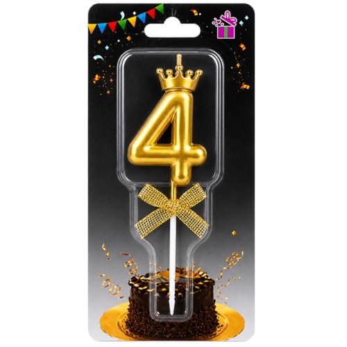 Image of Number 4 Unscented Candle with Crown 3 inch for 4th Birthday Party, Wedding Anniversary, Engagement, Theme Party Celebration Cake Topping Decoration Gold, Numeric 4