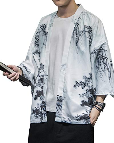 Image of Men's Japanese Kimono Robe Jacket Lightweight 3 /4 Sleeve Open Front Yukata | Silky Smooth Fashion Print Happi Coat Lightweight Breathable Loose Unisex Haori Casual Summer Cardigan Daily Beach Vacation