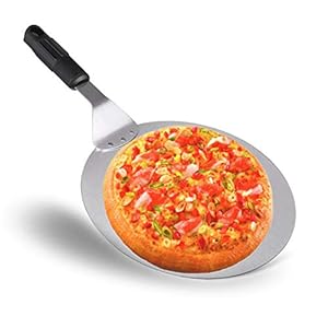 OFKPO Pizzaschep van roestvrij staal, pizzaschep met kunststof handvat, ronde pizzaschep voor bakken, pizza, gebak, deeg, brood en cake, 25,5 x 43 cm