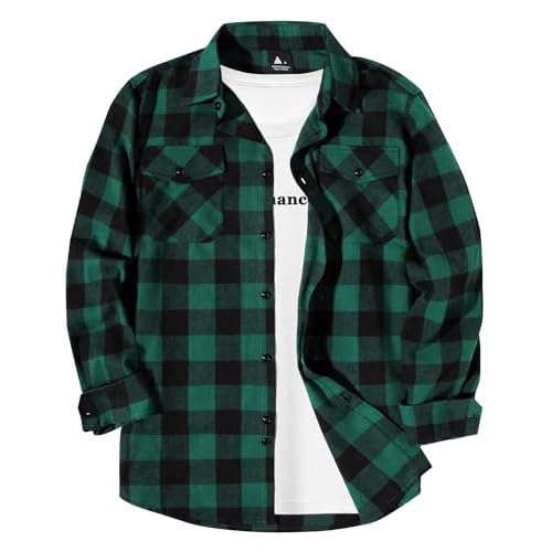 ZITY Men Plaid Flannel Shirts Long Sleeve Casual Button Down Collar Jackets for Men with Pockets One Green X-Large