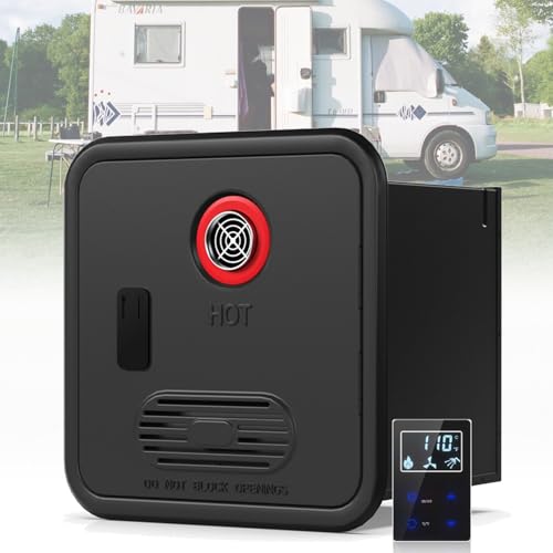 55.000BTU, calentador de agua sin tanque para autocaravanas con kit de ducha frontal, 3,9GPM, 12V, instantáneo e ilimitado, control remoto, salida frontal, puerta 16x16in(Black,No Shower Head)