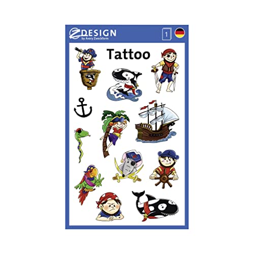AVERY Zweckform 56683 Children's Tattoo Pack of 12 (Temporary Tattoos Pirates, Children's Tattoos, Waterproof, Adhesive Tattoos, Children's Birthday, Party Bags, Prizes, Children to Play, Tattoo Boys)