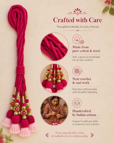 Image of Zippy Flora Rani Cotton Parandi (Pink) | Handmade Boho Parandi | Traditional Hair Accessory with Braid Tassles & Shells | Hair Extension | Choti for Curly & Straight Hair | 22 Inches Length
