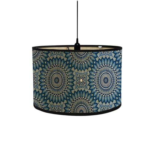 FANSU Vintage Bamboo Lamp Shades for Table Lamps, Round Drum Light Shade Woodsy Decor Pendant Lampshades,Pattern Chandelier Lamp Covers Ceiling Lampshade (30 * 20cm,Blue Mandala)